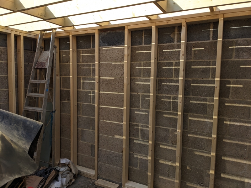 Interior view of the wall studs.
